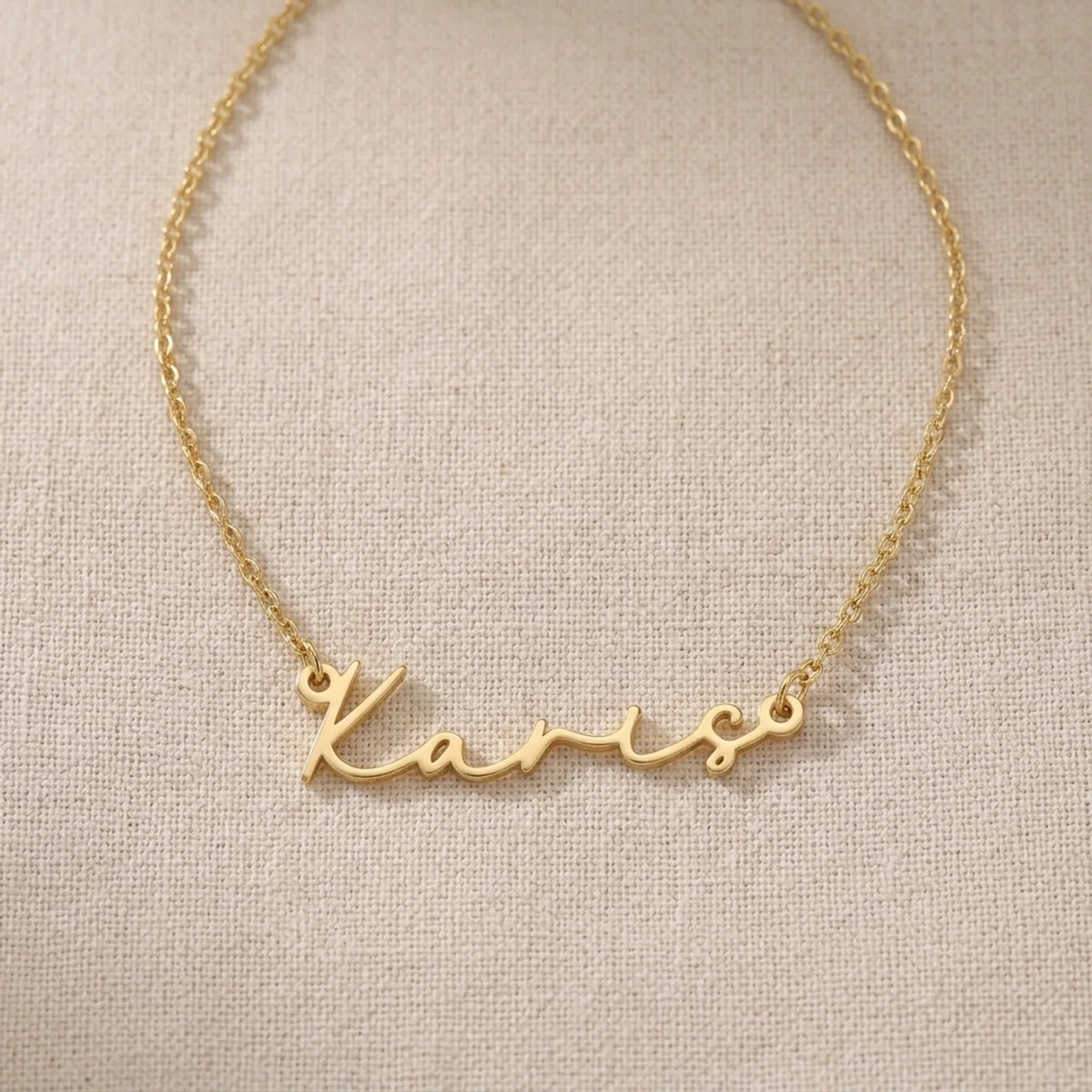 Karis Name Necklace — Nameplate Flatlay